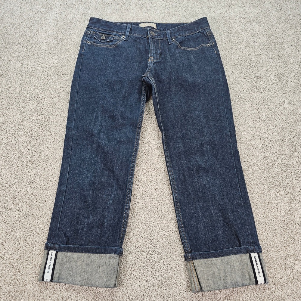 Banana Republic Womens 26/2‎ Dark Wash Stretch Cropped Cuffed Jeans Logo Tape